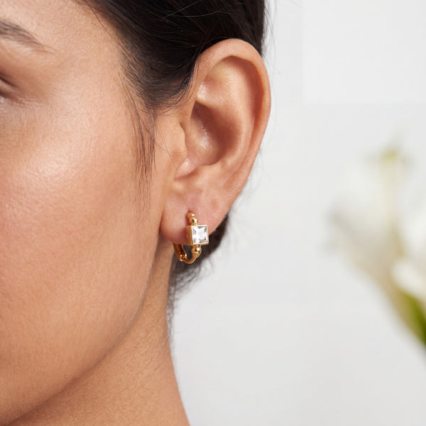 Gold Plated Square CZ Bezel Huggie Hoop Earrings