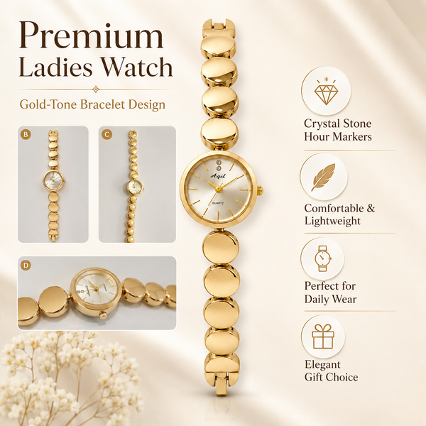 Watches Gold-Tone Round Dial Beaded Bracelet Watch for Women - House of Viya