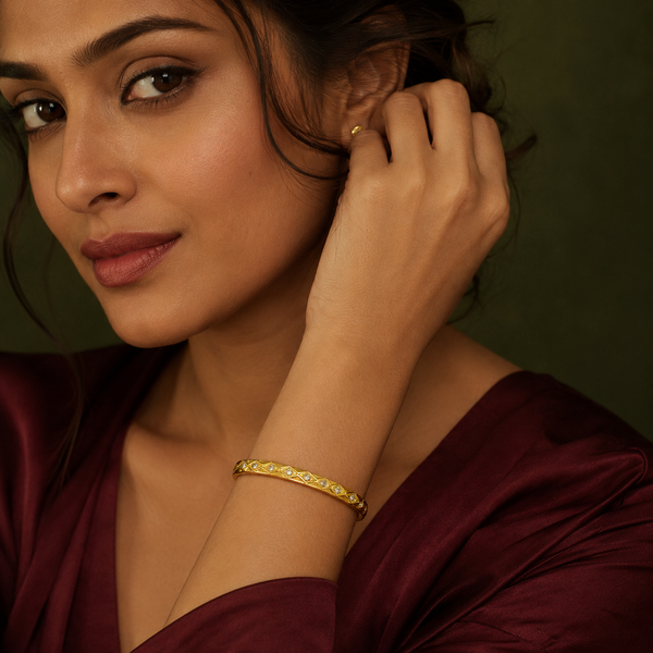Kadas Gold-Tone Stone-Studded Engraved Pattern Slim Kada for Women - House of Viya