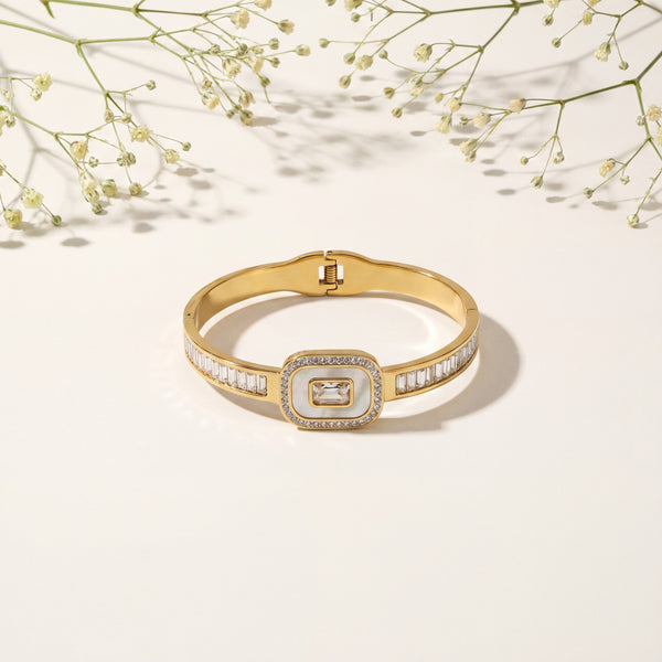 Emerald Cut CZ Halo Watch Style Baby Kada Bangle | Gold Plated Rectangular Plaque Bracelet for Women - House of Viya