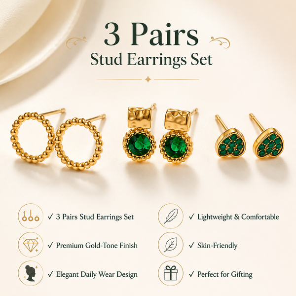 Earrings Gold Circle Ring, Emerald Halo Crown & Pave Triangle Stud Earrings Set of 3 Pairs