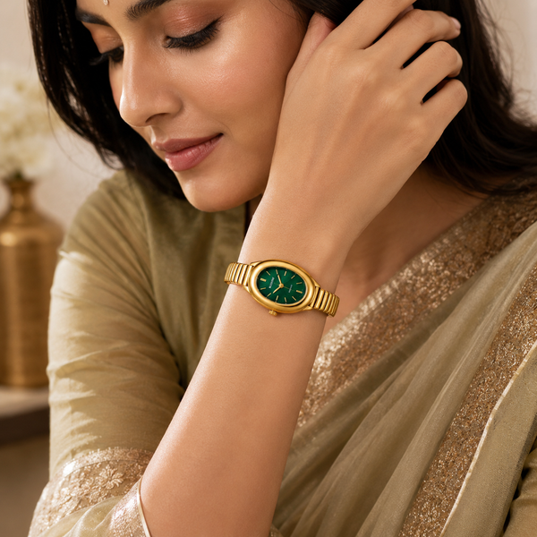 Watches Gold-Tone Oval Green Dial Minimalist Stretch Bracelet Watch for Women