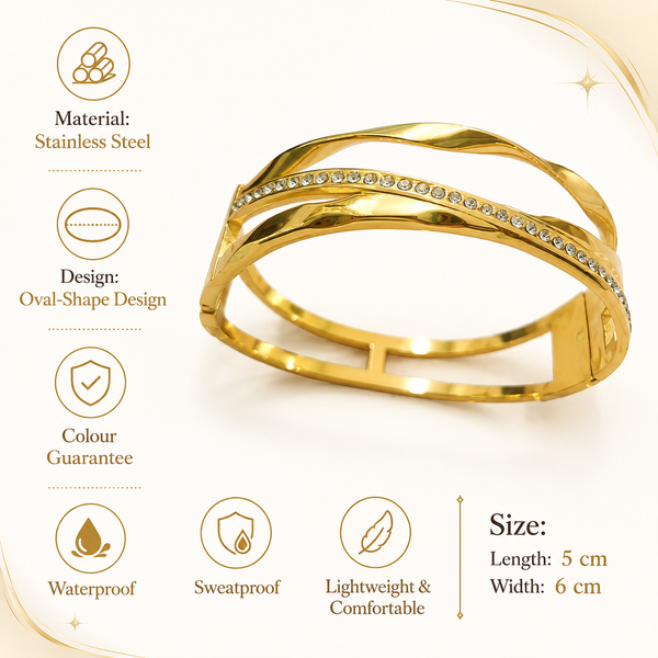 Kadas Gold-Tone Twisted Rope Crystal-Studded Crossover Design Kada Bangle for Women - House of Viya