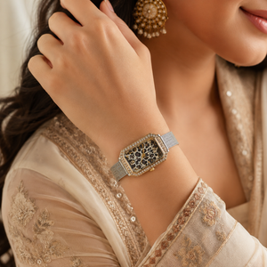 Watches Two-Tone Rectangular Leopard Print Dial Crystal Studded Bezel Bracelet Watch for Women