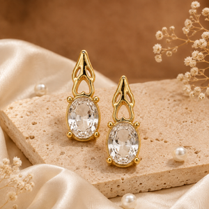 Earrings Gold-Tone Ornate Crown Clear Crystal Teardrop Drop Earrings