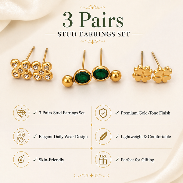 Earrings Gold Floral Cluster, Emerald Oval Drop & Textured Clover Stud Earrings Set of 3 Pairs
