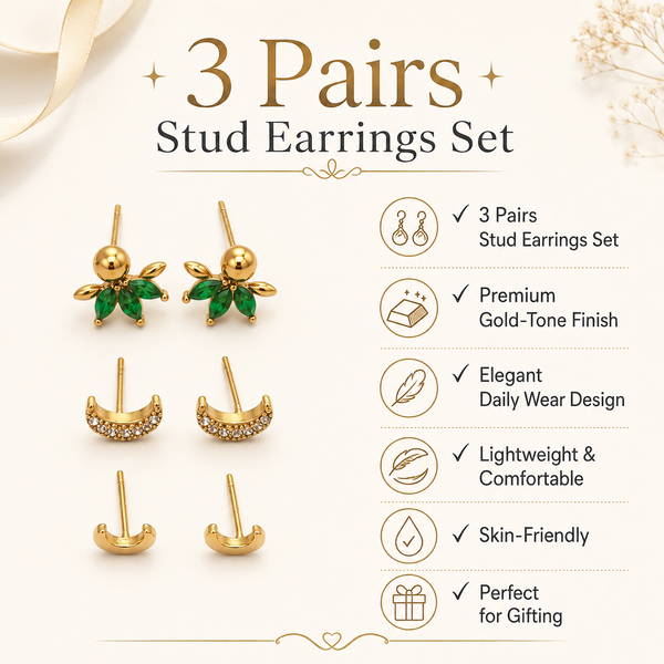 Earrings Gold Floral Cluster, Pave Crescent Moon & Mini Crescent Stud Earrings Set of 3 Pairs