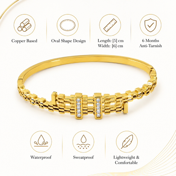 Gold Tension Set Diamond Oval Kada for Women | Floating Solitaire Stainless Steel Ladies Bangle | Minimalist Design Jewellery - House of Viya