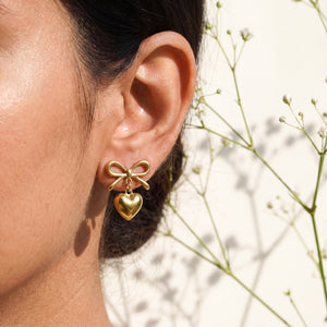 18K Gold Plated Heart and Bow Drop Earrings