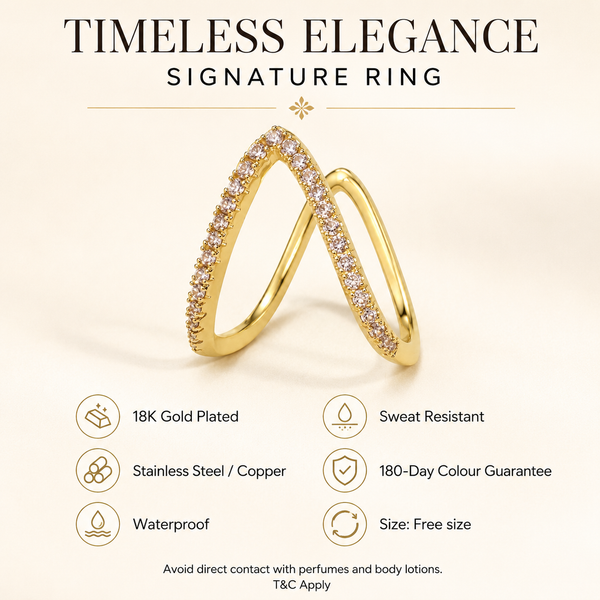 Rings Gold-Tone Crystal-Studded V-Shaped Double-Band Open Design Ring for Women