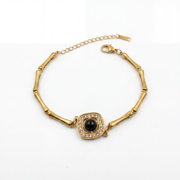 Gold Plated Bamboo Bar Link Bracelet with Rhombus Black Stone Halo Centrepiece and Lobster Clasp - House of Viya