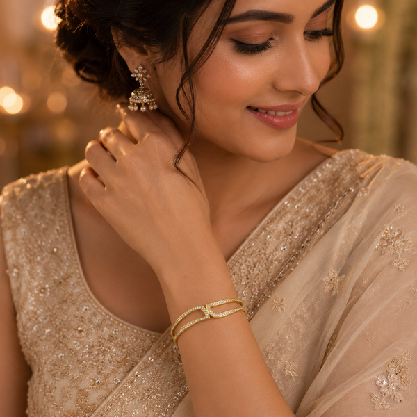 Kadas Gold-Tone Crystal-Studded Infinity Wave Design Kada Bangle for Women - House of Viya