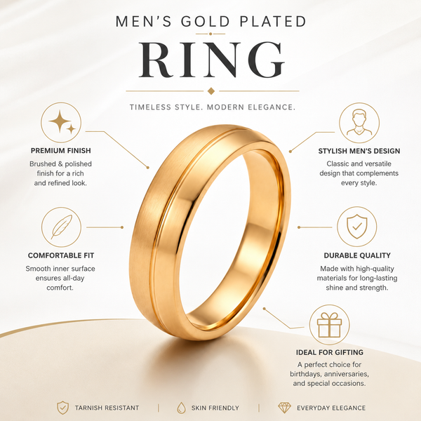 Men's Gold Plated Stainless Steel High-Dome Half-Round Plain Band Ring