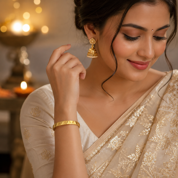 Gold Princess Cut Diamond Panel Oval Kada for Women | Square Stone Cluster Stainless Steel Ladies Bangle | Bold Festive Jewellery - House of Viya