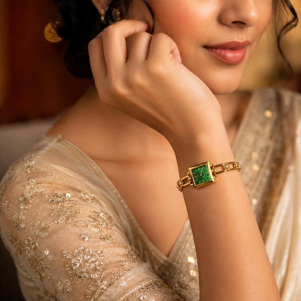 Watches Gold-Tone Square Green Dial Chain Link Bracelet Watch for Women - House of Viya