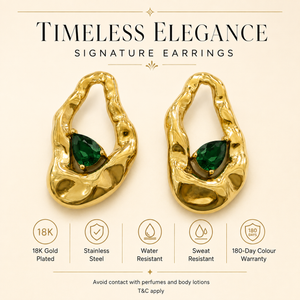 Earrings Gold-Tone Textured Green Stone Huggie Earrings - House of Viya