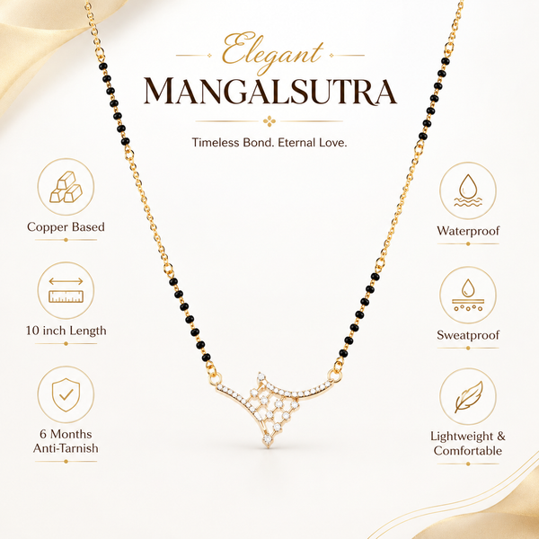 KZ Gold Plated Crown CZ Mangalsutra for Women Black Bead Chain Asymmetric Arrow Pendant FS