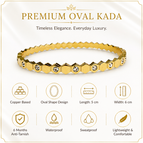 Gold Tension Set Diamond Oval Kada for Women | Floating Solitaire Stainless Steel Ladies Bangle | Minimalist Festive Jewellery - House of Viya