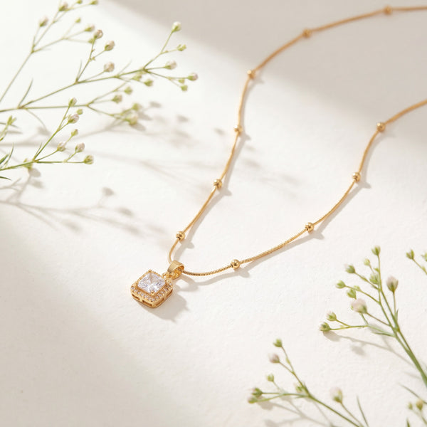 Gold Beaded Chain Rectangular CZ Pendant Anti-Tarnish Necklace