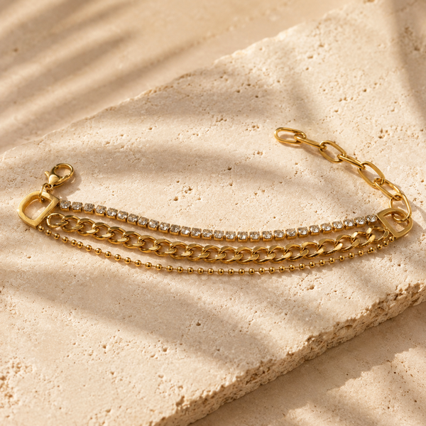 Gold Plated Triple Strand Bracelet with Curb Chain Center and Pave White Stone Side Chains - House of Viya