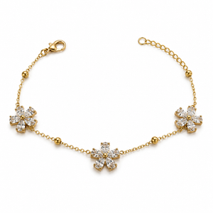 Gold Plated White Stone Floral Butterfly Motif Station Chain Bracelet with Lobster Clasp