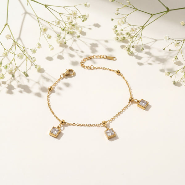 Gold Plated Square White Stone Dangling Charm Delicate Chain Bracelet with Lobster Clasp