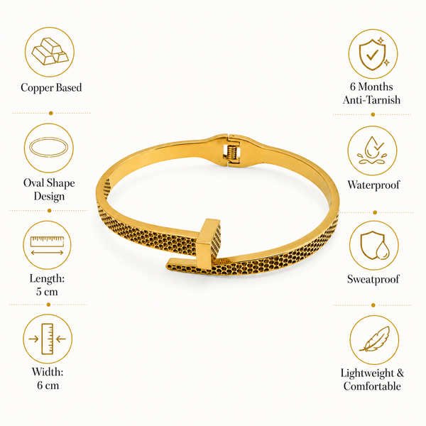 Gold Honeycomb Diamond Oval Kada for Women | Hexagonal Stone Pattern Stainless Steel Ladies Bangle | Geometric Luxury Jewellery - House of Viya