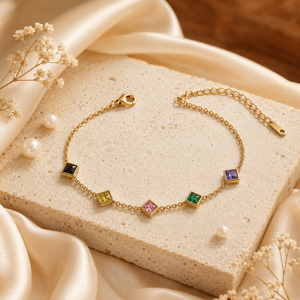 Gold Plated Multicolor Diamond Shaped Rhombus Stone Station Chain Bracelet with Lobster Clasp