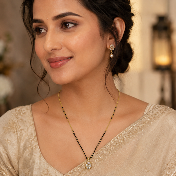 KZ Gold Plated Princess Cut Square CZ Solitaire Mangalsutra for Women Black Bead Chain Pendant FS - House of Viya