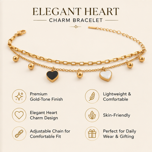 Gold Plated Double Layer Bead Chain Bracelet with Black and White Dangling Heart Charm Drops - House of Viya