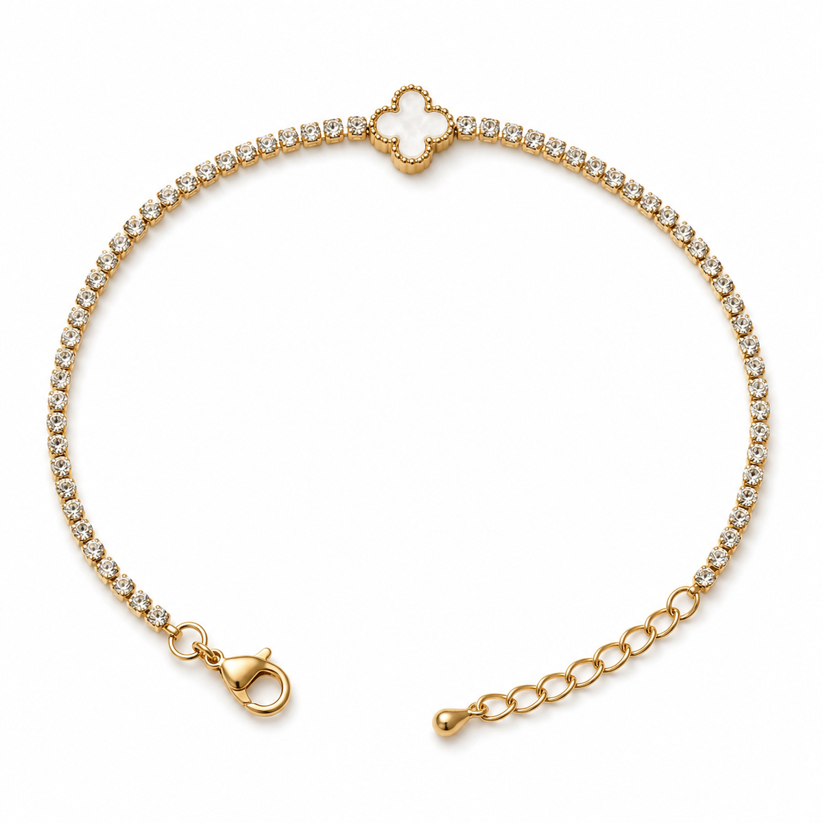 Gold Plated White Stone Studded Tennis Chain Clover Charm Bracelet with Lobster Clasp