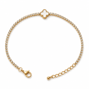 Gold Plated White Stone Studded Tennis Chain Clover Charm Bracelet with Lobster Clasp