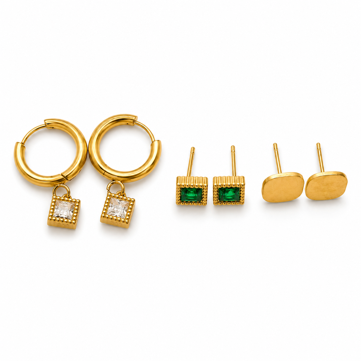 Earrings Halo Square Drop Hoop, Emerald Square & Gold Oval Minimal Stud Earrings Set of 3 Pairs