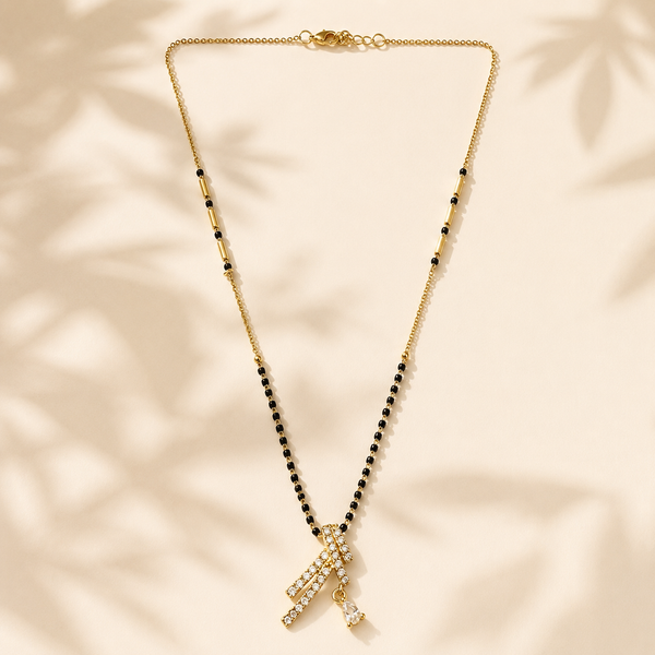 KZ Gold Plated Cross Bar CZ Mangalsutra for Women Black Bead Chain Diagonal X Pendant with Drop FS - House of Viya