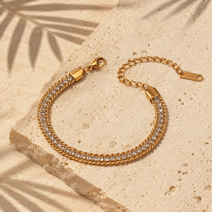Gold Plated White Stone Tennis Centre with Dual Curb Chain Edges Statement Bracelet with Lobster Clasp