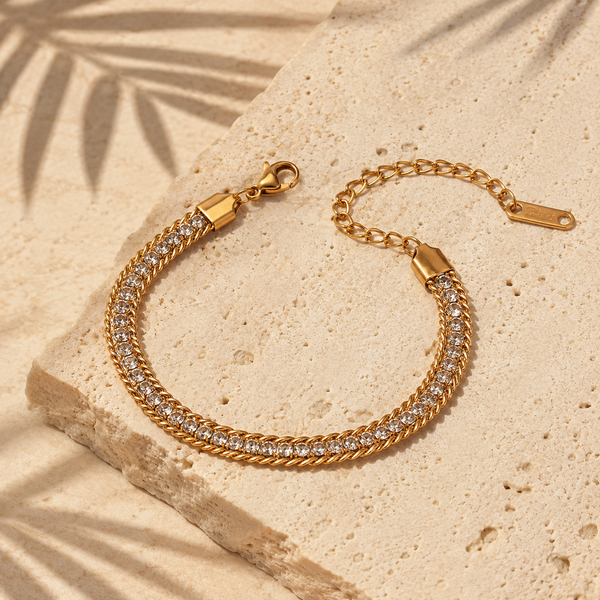 Gold Plated White Stone Tennis Centre with Dual Curb Chain Edges Statement Bracelet with Lobster Clasp - House of Viya