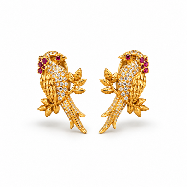 Pair of gold plated parrot stud earrings with CZ and pink stones