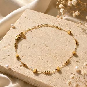 Gold Plated Small Cube Bead Station Dual Strand Delicate Chain Bracelet with Lobster Clasp