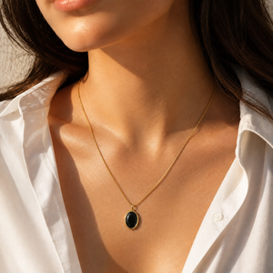 Chain 18K Gold-Plated Slim Chain with Oval Black Stone Pendant - House of Viya