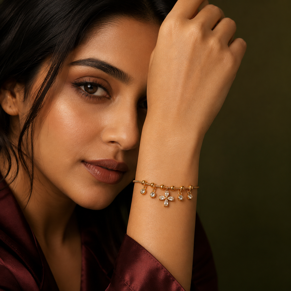 Gold Plated Snake Chain Bracelet with White Clover and White Stone Charm Cluster - House of Viya