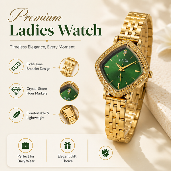 Watches Gold-Tone Cushion Green Dial Crystal Studded Bracelet Watch for Women - House of Viya
