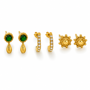 Earrings Emerald Teardrop Drop, Pave Huggie Hoop & Sunflower Stud Earrings Set of 3 Pairs