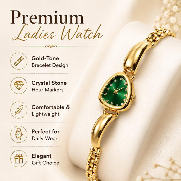 Watches Gold-Tone Pear Shape Dial Green Stone Bracelet Watch for Women - House of Viya