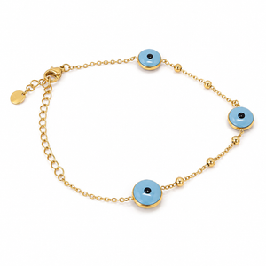Gold Plated Blue Evil Eye Charm Beaded Station Delicate Chain Bracelet with Lobster Clasp