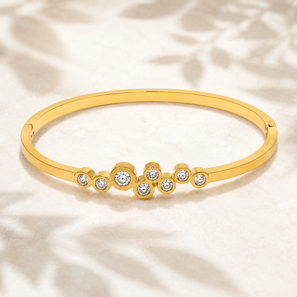Gold Checkered Diamond Pattern Oval Kada for Women | Grid Stone Stainless Steel Ladies Bangle | Structured Festive Jewellery - House of Viya