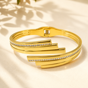 Gold Scallop Edge Diamond Oval Kada for Women | Wave Border Stone Stainless Steel Ladies Bangle | Fancy Design Jewellery