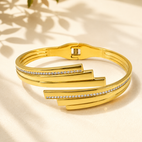 Gold Scallop Edge Diamond Oval Kada for Women | Wave Border Stone Stainless Steel Ladies Bangle | Fancy Design Jewellery - House of Viya