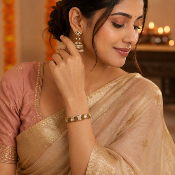 Gold Double Row Diamond Oval Kada for Women | Twin Line Stone Stainless Steel Ladies Bangle | Classic Festive Jewellery - House of Viya