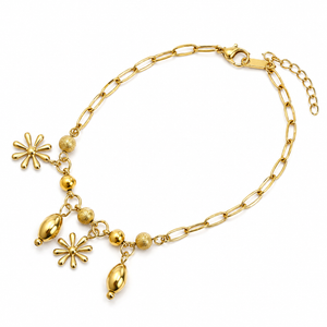 Gold Plated Paperclip Chain with Floral Star and Bead Cluster Charm Bracelet with Lobster Clasp