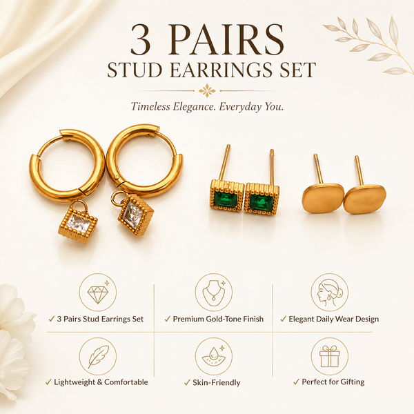 Earrings Halo Square Drop Hoop, Emerald Square & Gold Oval Minimal Stud Earrings Set of 3 Pairs
